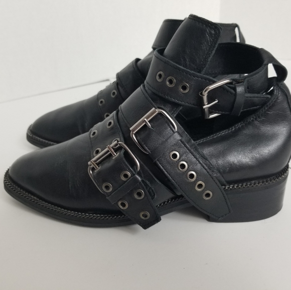 Topshop Sz 37 Women Motorcycle Metal chain stud leather booties - Picture 3 of 12
